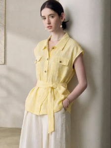 Roey s house | Commuter-friendly Fashionable Yellow Linen Shirt Sleeveless Slim Fit