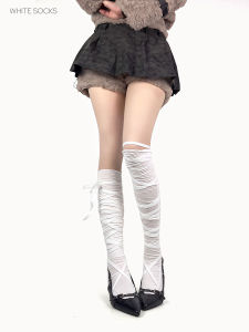 White Ballet Style High Tube Socks with Tie over Knee Long Tube Socks Womens Comfortable Breathable Cotton Polyester Socks