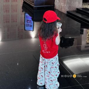 กางเกงลายการ์ตูนกันยุงสำหรับเด็กผู้หญิง ฤดูร้อน 2025 กางเกงขายาวสไตล์เกาหลี ลายแมวคิตตี้ ใส่สบาย ผ้าฝ้ายผสมโพลีเอสเตอร์