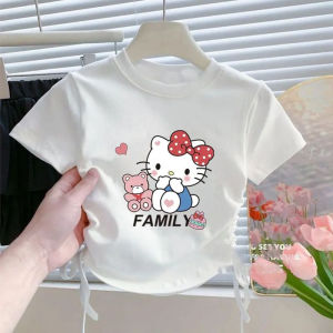 Girls Ice Silk Drawstring Short Sleeve T-Shirt Cartoon Kitty Cat Letter Print Cute Versatile Top Slim Fit Korean Style Summer Kids Clothing