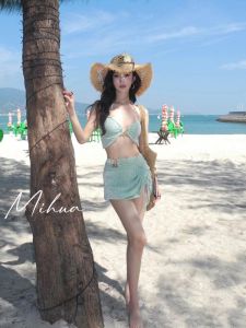 Miss Miha Pure Desire High Waist Bikini Three Piece Set Womens Swimwear Vacation Sensual Split Design Korean Style Polyester