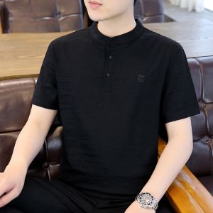 ROMON | Lormen Mens Polo Shirt Summer Linen Short Sleeve Casual Thin Cotton Linen Half Sleeve Leisure Top Fashionable Urban Style