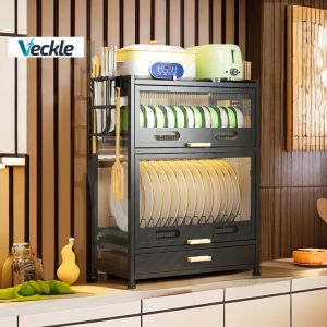 Veckle 2/3 Layers Dish Drying Rack Waterproof Kitchen Storage Shelves Large Dish Drainer Racks Carbon Steel Dish Rack with Drawer