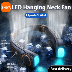 Portable Hanging Neck Fan 3000/6000MAH USB Rechargeable Fan Silent LED Digital Display Bladeless Color Step Light 5-speed Adjustable Neck Fan Cooler