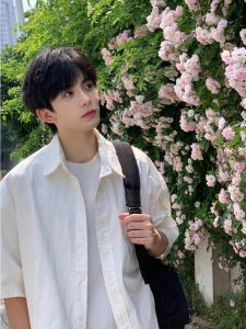 American Style Heavyweight Short Sleeve Shirt Men Summer Solid Color Collar Pocket Casual Cotton Pure Cotton Teenage White Shirt