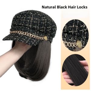 Fashionable Womens Autumn Winter New Style Hat Wig Integrated Short Hair Bob Hairstyle Full Head Cover Wig Octagonal Hat