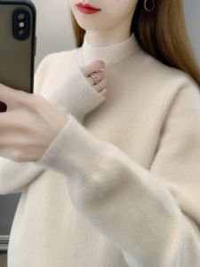Womens Thickened Half-High Collar Knitted Sweater Autumn Winter Warm Base Layer Top Comfortable Long Sleeve Solid Color