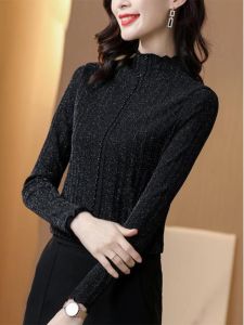 WANGGONGZHU | Thickened Fleece Lined Long Sleeve Half High Collar Lace Under Shirt Womens Autumn Winter Fashionable T-Shirt Princess Style Commute