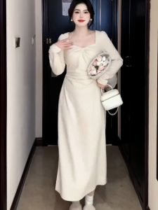 plus Size Womens French Style Fleece Lined Hanging Neck Slim Fit Inner Wear Long Dress Autumn Winter Thickening V Neck Dress