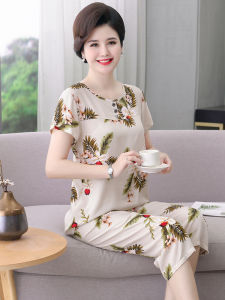 Summer Thin Silk Cotton Home Clothes Set for Women Short Sleeve round Neck Print Casual Comfortable Breathable Two-Piece Suit