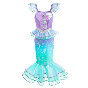 Girls Mermaid Sequin Mesh Princess Dress Children Summer Ariel Print Frocks Kids Event Festival Party Fancy Disguise Vestidos