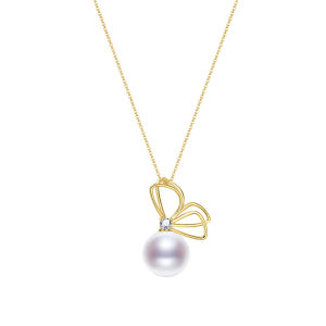 White Round 18K Gold Pearl Pendant Necklace with Diamond 10-12mm