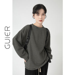 Guier Womens Loose Fit round Neck Striped Sweatshirt Early Autumn 2025 Lazy Style Base Layer Shirt Cotton Polyester Blend Long Sleeve