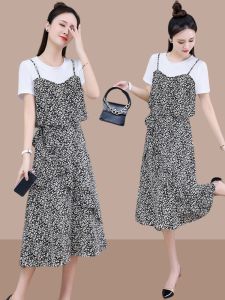 Shalldoer | New Summer Spaghetti Strap Long Dress with Belted Waist and Floral Print