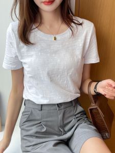 เสื้อยืดคอกลมแขนสั้นผ้าฝ้ายลายกระดูกไผ่สีขาวหลวมๆ สำหรับฤดูร้อนปี 2025 เสื้อเชิ้ตแขนยาวแบบครึ่งตัวสำหรับผู้หญิง เสื้อผ้าทำงานสไตล์เกาหลี