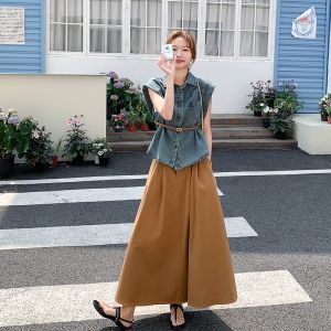 Casual Style Denim Sleeveless Shirt Half Skirt Set Women Summer 2025 New Anti-Aging OOTD Matching Two-Piece Set Polo Collar Button