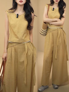 Shalldoer | Fashionable Casual Belted Womens Two-Piece Set High Waist Wide Leg Pants Summer New Arrival Money-Like Style Round Neck Short Sleeve