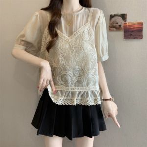 AIYITI | Embroidered Faux Two-Piece Short Sleeve Shirt