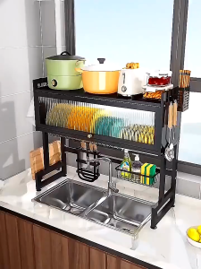 Dish Cabinet Rack Metallic Dustproof Drain Rack With Cabinet Door Multi-functional Sink Rack