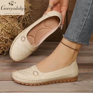 goreyodoly Women Comfortable Slip-On Loafers Lightweight Breathable Wide Fit Flats with Embroidery & Rhinestone Buckle
