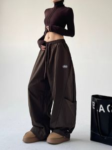 American Retro Brown Knife Edge Cargo Pants Womens Spring Summer Straight Leg Wide Leg Casual Long Trousers Street Style