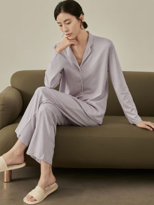 ผู้หญิง ชุดนอน ชุดแขนยาว คอวี เสื้อผ้าใส่ในบ้านปรับอากาศแบบติดกระดุม ผ้าฝ้าย ผสมผสานสบาย ลำลอง บ้าน ชุดสูท