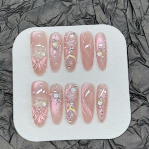 10 Móng Tay Giả Hình Sao Biển Vỏ Sò Aurora Hồng Thủ Công Đeo Được Mùa Hè Dáng Oval Dài Dành Cho Nữ