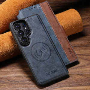 SUTENI Faux Leather Wireless Charging Card Holder Stand Wallet Magnetic Flip Cover Phone Case For Samsung S26 Ultra S25 S24 S23