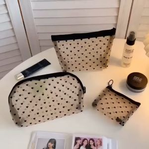 Transparent Heart Mesh Storage Bags Women Necessary Cosmetic Bag Black Heart Printed Pencil Pen Case Travel Organizer