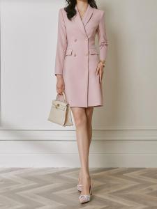 Elegant Double-Breasted High-Waist Suit Dress for Women Fashionable Commute Style Polyester Fiber Long Skirt Short Sleeve