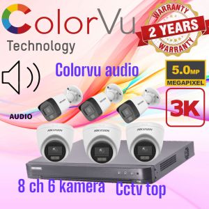Paket cctv hikvision 8 ch 6 kamera colorvu audio 3K bluit mic