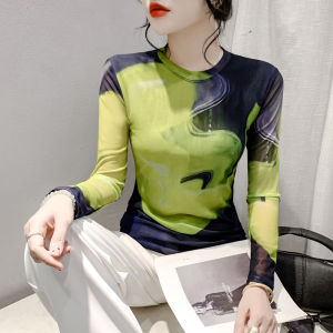 YIMEI เสื้อยืดแขนยาวสำหรับผู้หญิงพิมพ์ลายตัวอักษรสำหรับตาข่ายฤดูร้อนเสื้อมีสไตล์ใหม่สำหรับฤดูใบไม้ผลิต้น2023