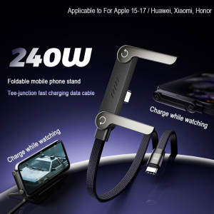 240W Stand Charging Cable 2-in-1 with Phone Holder for Gaming/Videos Compatible with iPhone 15-17 & Huawei