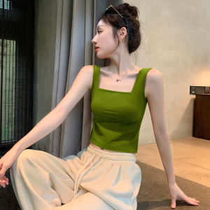 Pure Cotton Short Sleeveless Vest Womens Spring Summer New Style Green Color Backless Inner And Outer Wear Square Collar Top