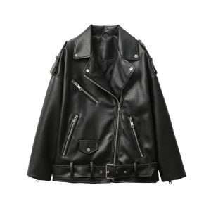 New 2025 Womens motorcycle leather PU imitation leather loose jacket black jacket
