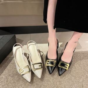 Korean Version of Pointed-toe Single Shoes Slim and Versatile Stiletto Womens Shoes New Pumps in Summer Metal Buckle Back Hollow Sandals