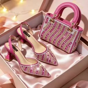 Bộ Giày Cao Gót Và Túi Xách Màu Hồng Fuchsia Đính Đá Phong Cách Ý Thủ Công Mũi Nhọn Thanh Lịch Dành Cho Các Buổi Tiệc