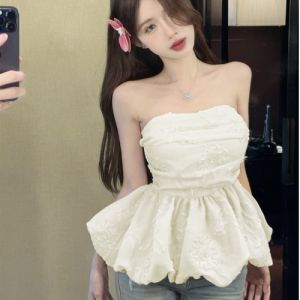 GUZILIAN | Pure Desire Sweet Folded Tube Top Womens Sleeveless Vest Summer Lace Skirt Waist Inward Wrap Chest Top Commute Style Korean Version