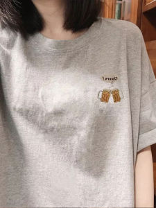 เสื้อยืดแขนสั้นผ้าฝ้ายแท้สีเทาสไตล์ย้อนยุคญี่ปุ่น ทรงหลวม ดีไซน์ครึ่งแขน พิมพ์ลาย เสื้อผ้าทำงานสไตล์เกาหลีสำหรับผู้หญิง