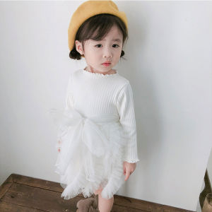 Rolanko Kids Girls Knitted Dress Long Sleeves Tutu Dress Mesh Princess Skirt Top Party Festival Daily Casual Wear