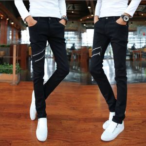 Slim Fit Black Jeans Mens Spring Autumn New Style Teenagers Trendy Casual Long Pants Tight Leggings Youth Low Waist Zipper