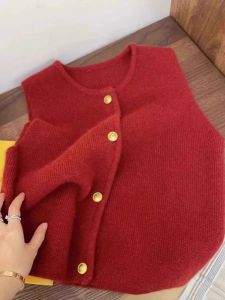 Slimming round Neck Knitted Open Cardigan Single Button Loose Vest Top Womens Korean Style Outerwear Thickened Short Length
