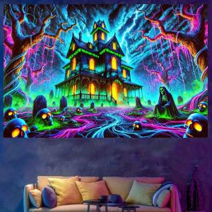 VIKAMA Halloween Dark Night Castle Tapestry Lightning Cemetery Gothic Architecture Bedroom Escape Room Dark Style Decorations
