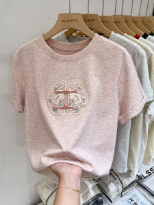 เสื้อยืดแขนสั้นผู้หญิงหลวมๆ ปักลายฤดูร้อน 2025 เสื้อยืดแขนสั้นแบบครึ่งตัว คอตั้ง แขนสั้น ทรงหลวม เสื้อยืดผู้หญิง