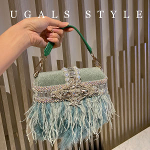 Ugals Autumn and Winter Tassel Ostrich Furry Velvet Saddle Shiny Inflexible Diamond Banquet Clutch Crossbody Bag