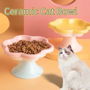 Ceramic Cat Bowl Elevated Neck Protection Ergonomic Floral Design Easy-To-Clean Durable Cutlery For Food/Water Cute Dog Bowl