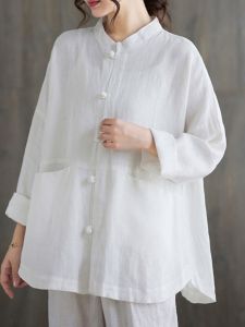 Mens and Womens Zen Clothes Tops Chinese Style Cotton Linen Pure Color Shirt Plus Size Womens Stand Collar Buckle Linen Cardigan Outwear