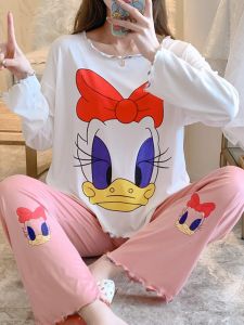 Bộ Đồ Ngủ Cotton Modal Rộng Rãi Thoải Mái Cho Nữ Mùa Xuân Thu Tay Dài Thời Trang Mặc Ở Nhà Dễ Thương Cho Bé Gái