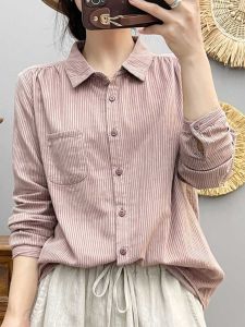 Áo Sơ Mi Cotton Dáng Rộng Dài Tay Kẻ Sọc Cổ Polo Thường Ngày Cho Nữ Mùa Thu 2024 Áo Sơ Mi Cotton Phong Cách Retro Nghệ Thuật