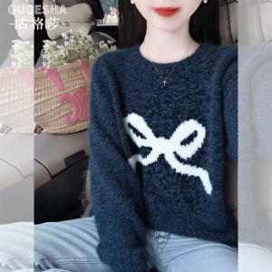 Soft Long Sleeve round Neck Knitted Sweater for Women Deep Grey with Butterfly Knot Commute Style Autumn New Arrival Outerwear